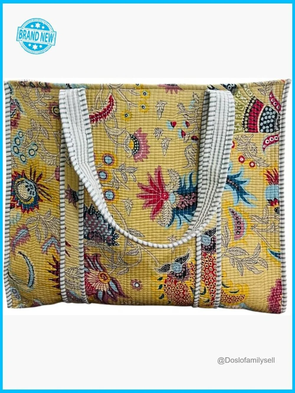 Floral Quilted Cotton Shoulder Tote Bag Handblock Printed Open Top Shopping Tote